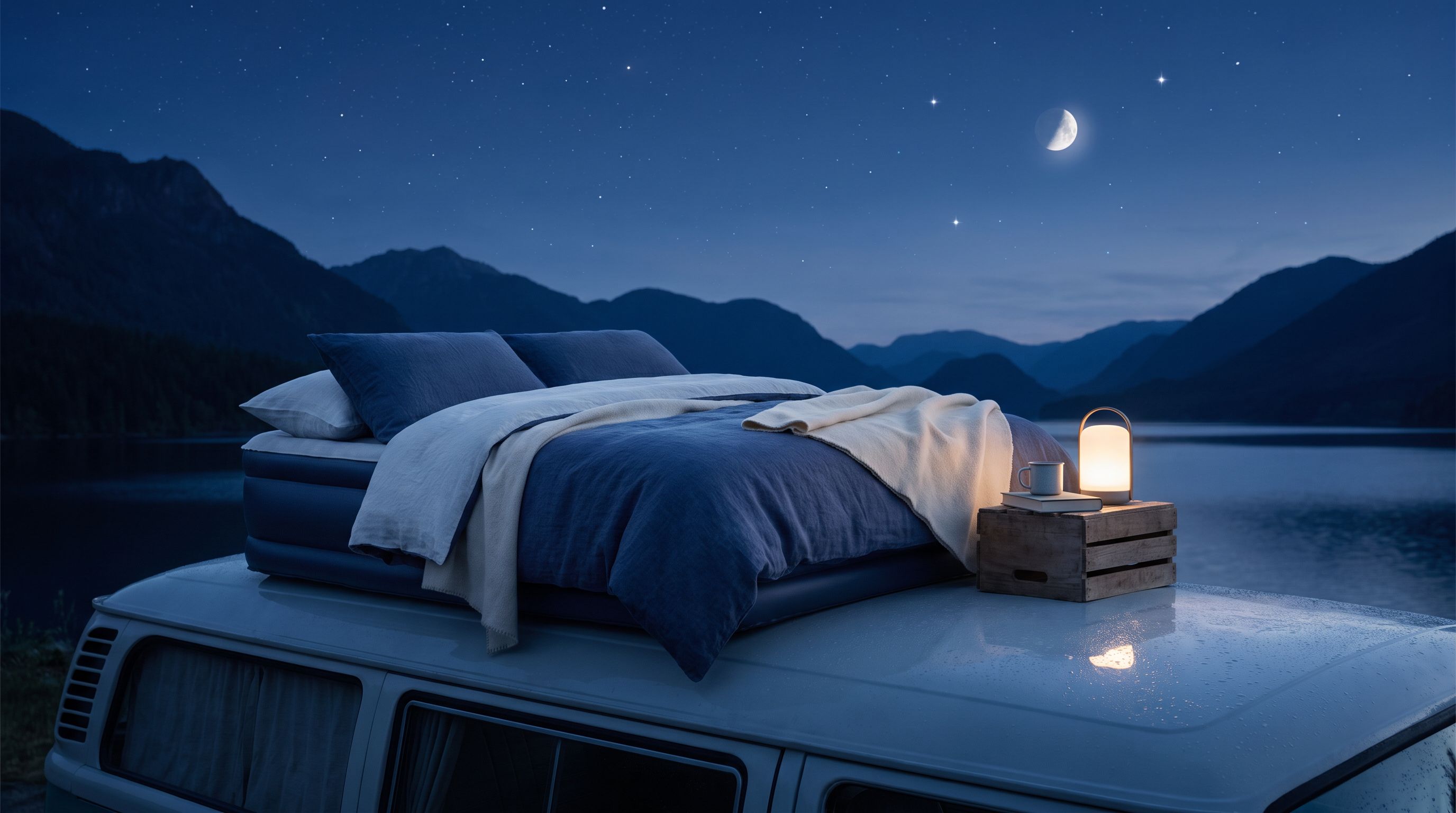 Matelas gonflable installé sur le toit d'un van, sous un ciel étoilé au bord d'un lac de montagne